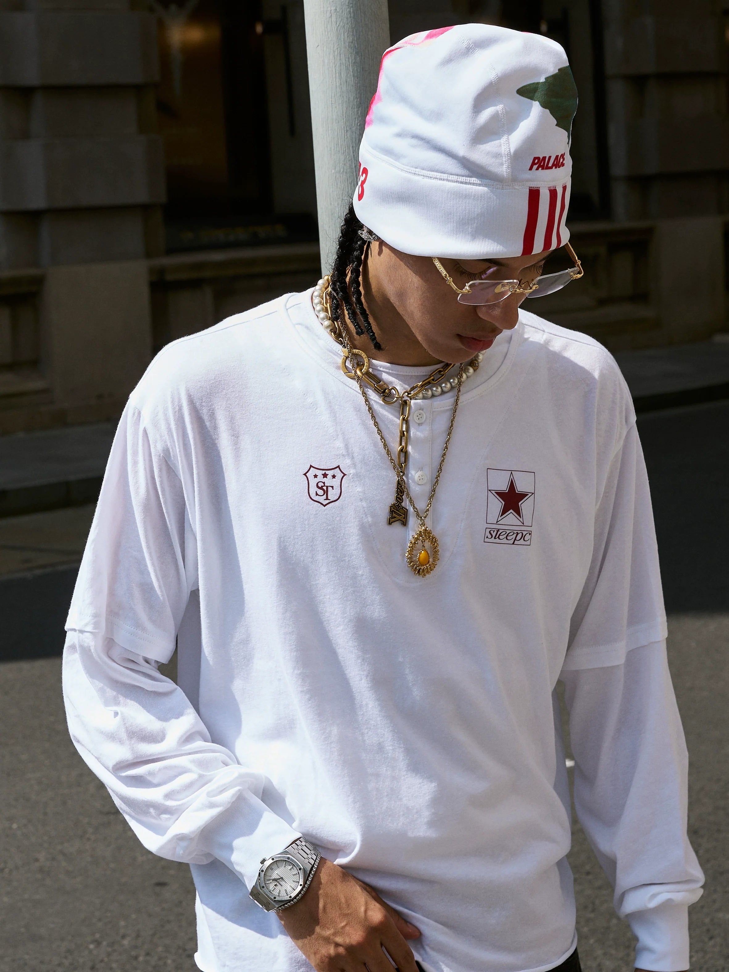 STEEPC Pearl Star Layered Henley Neck Long Sleeve Tee