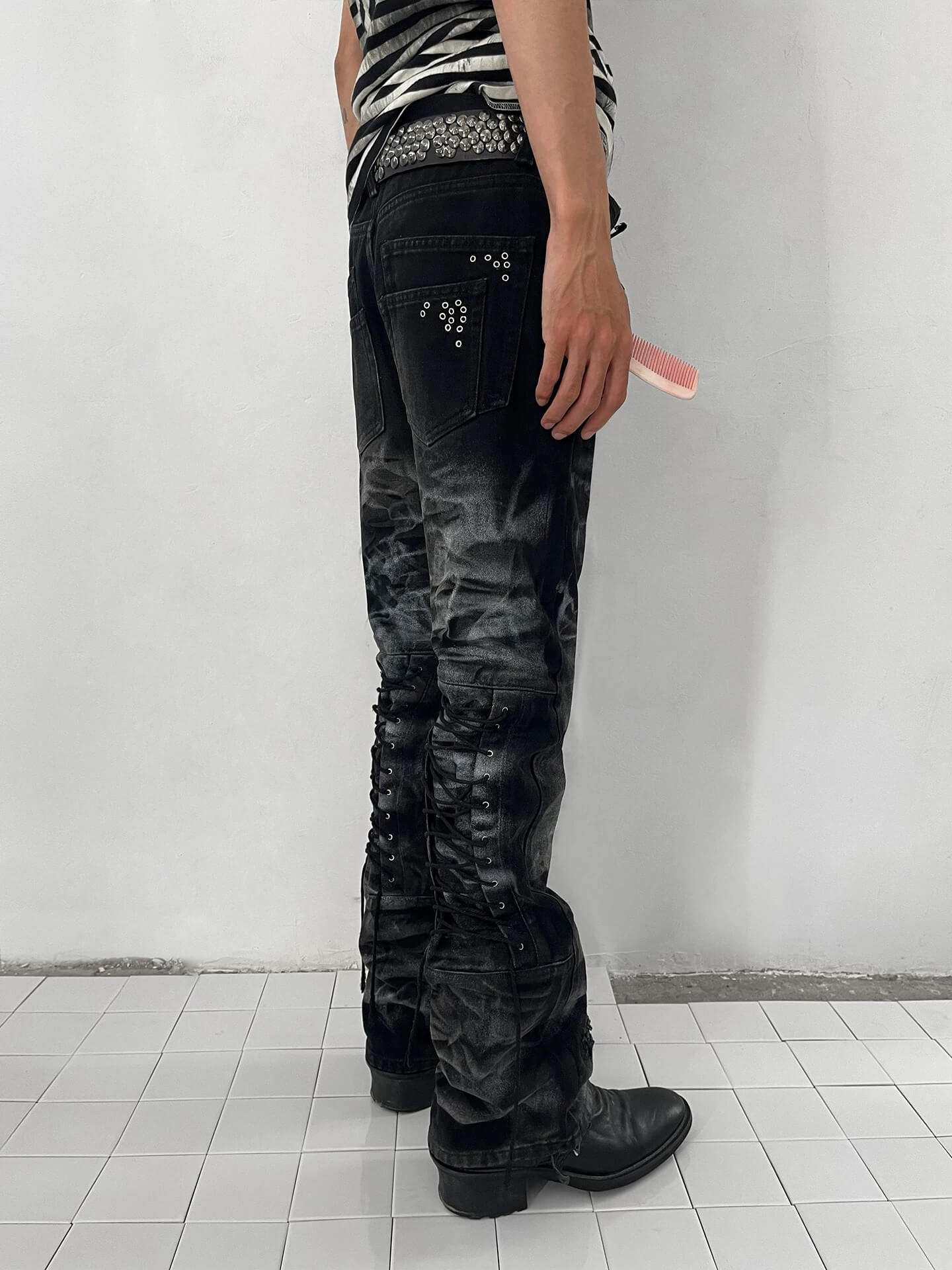 Night Lab Studded Lace Up Heavy Washed Distressed Jeans
