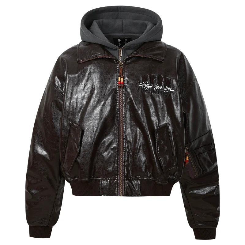 MEDM Layered Hood PU Leather Bomber Jacket