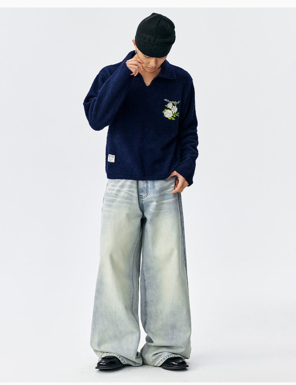 MEDM Coral Fleece Knit Long Sleeve Polo