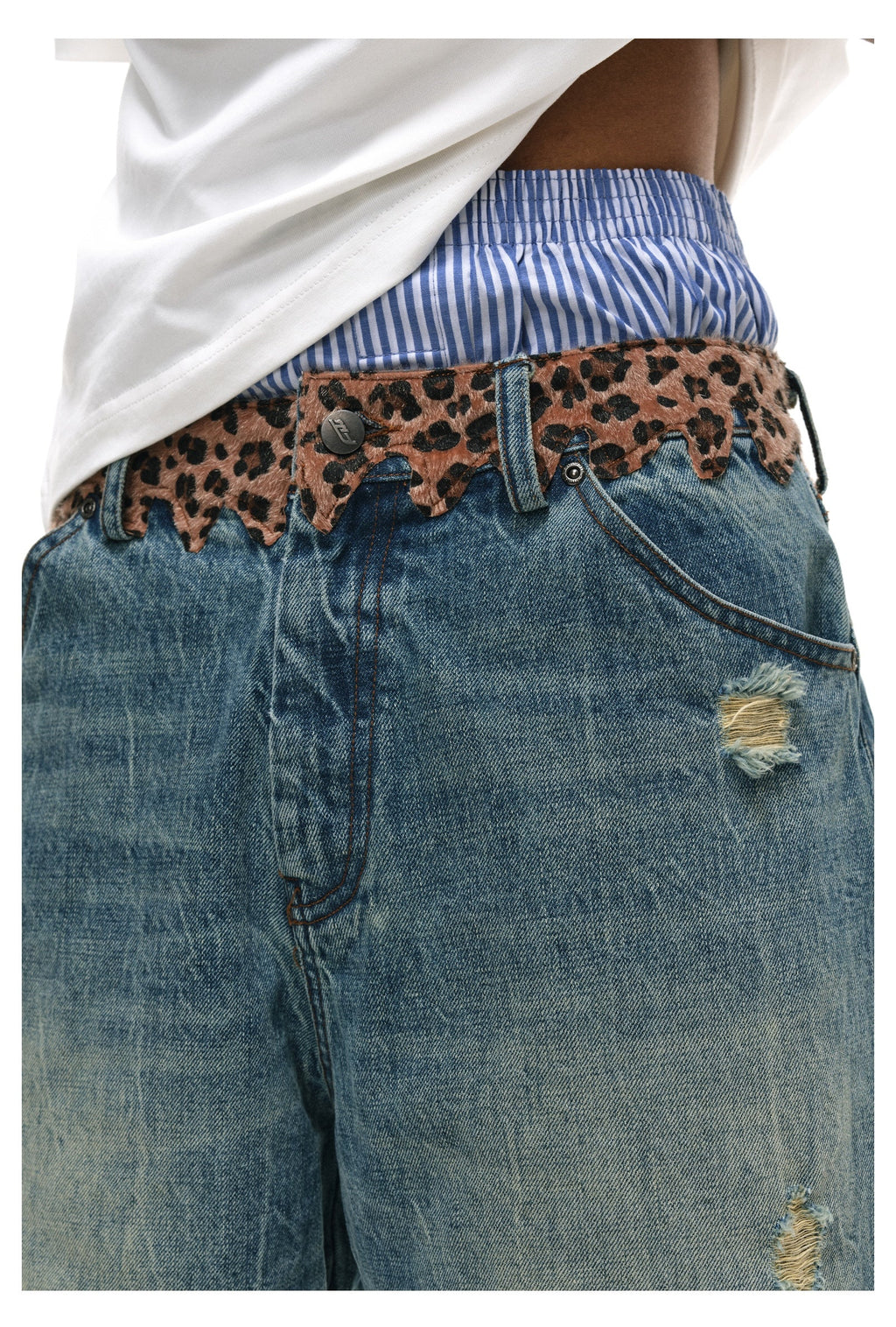ANTIDOTE Leopard Patchwork Denim Shorts