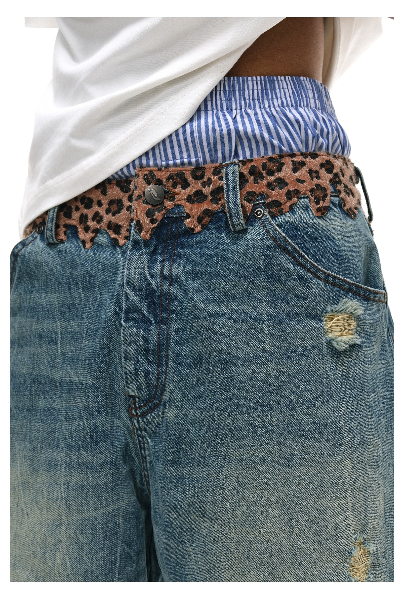 ANTIDOTE Leopard Patchwork Denim Shorts