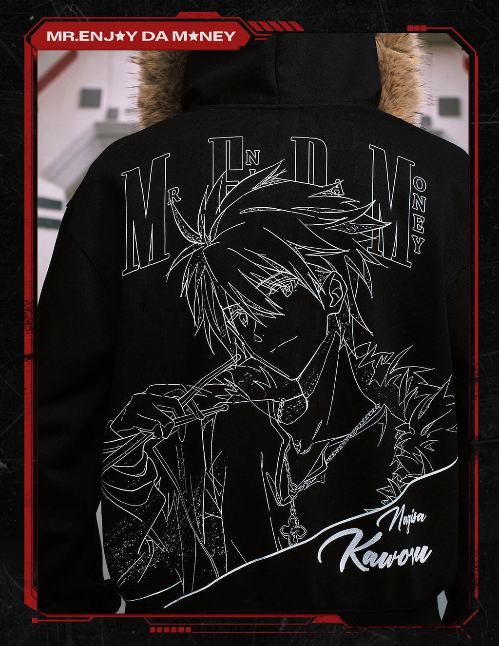 MEDM x EVA NEVER END Character Print Logo Embroidered Fur Hood Zip Up Hoodie