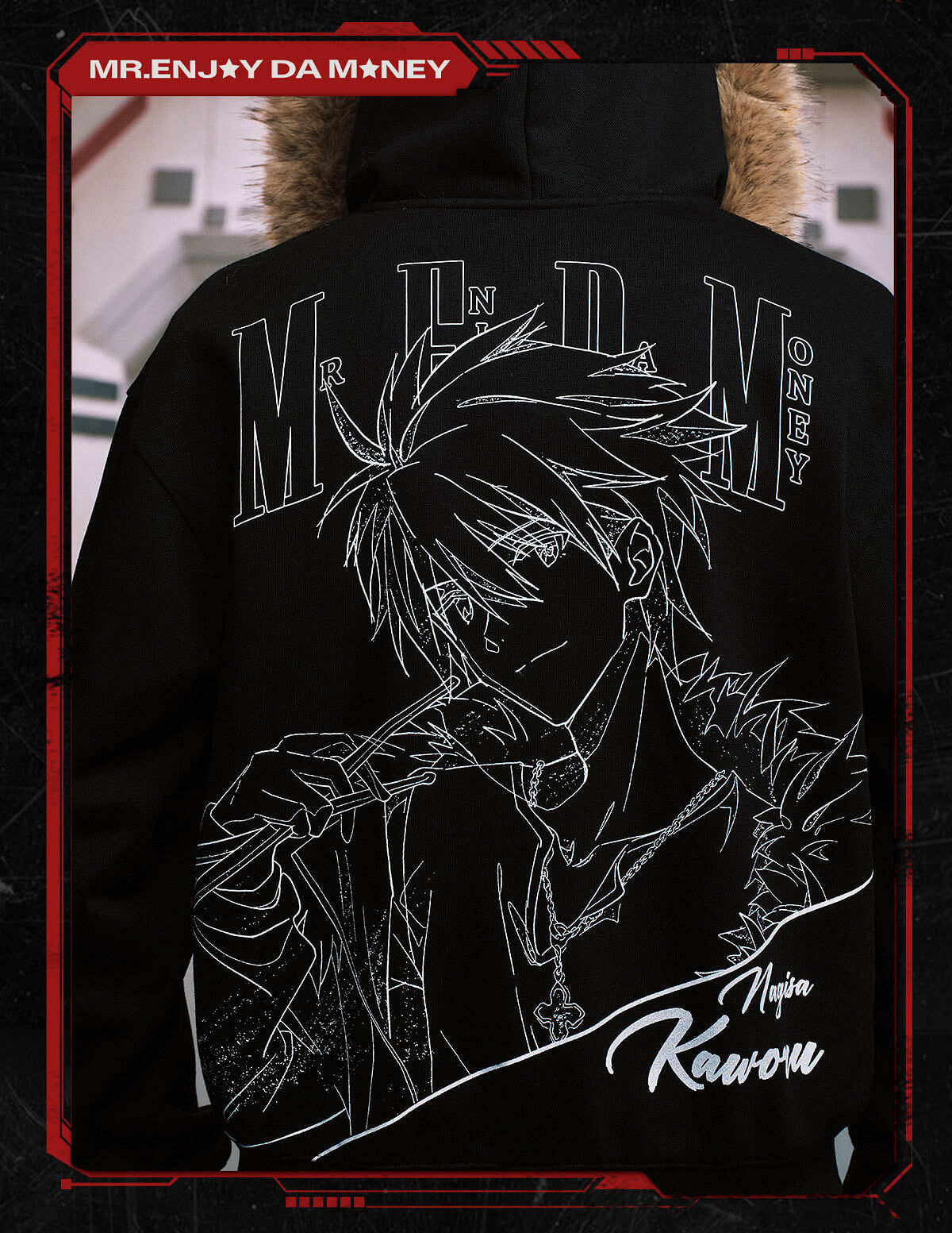 MEDM x EVA NEVER END Character Print Logo Embroidered Fur Hood Zip Up Hoodie