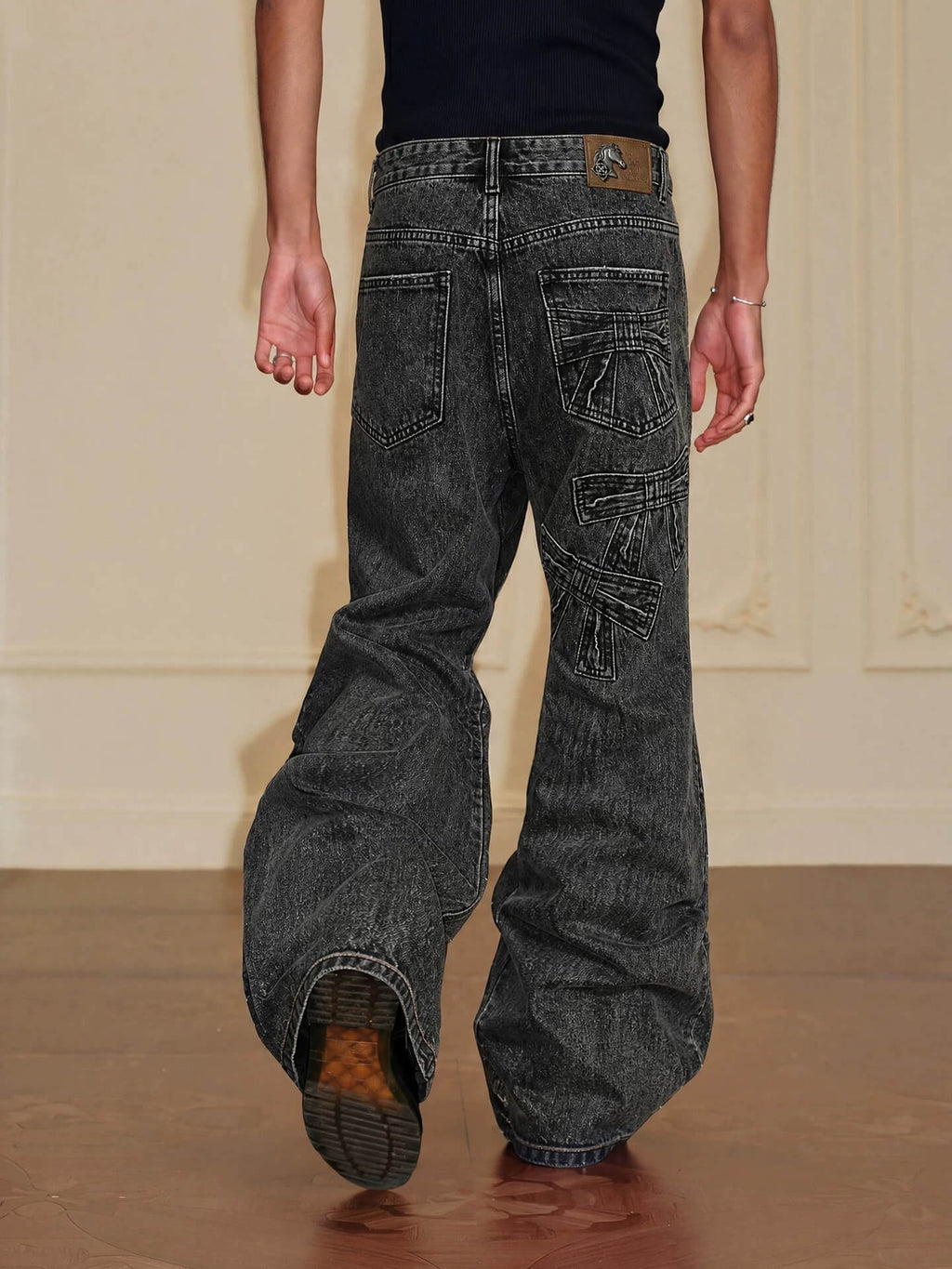 YADcrew Ribbon Patch Distressed Vintage Flared Jeans