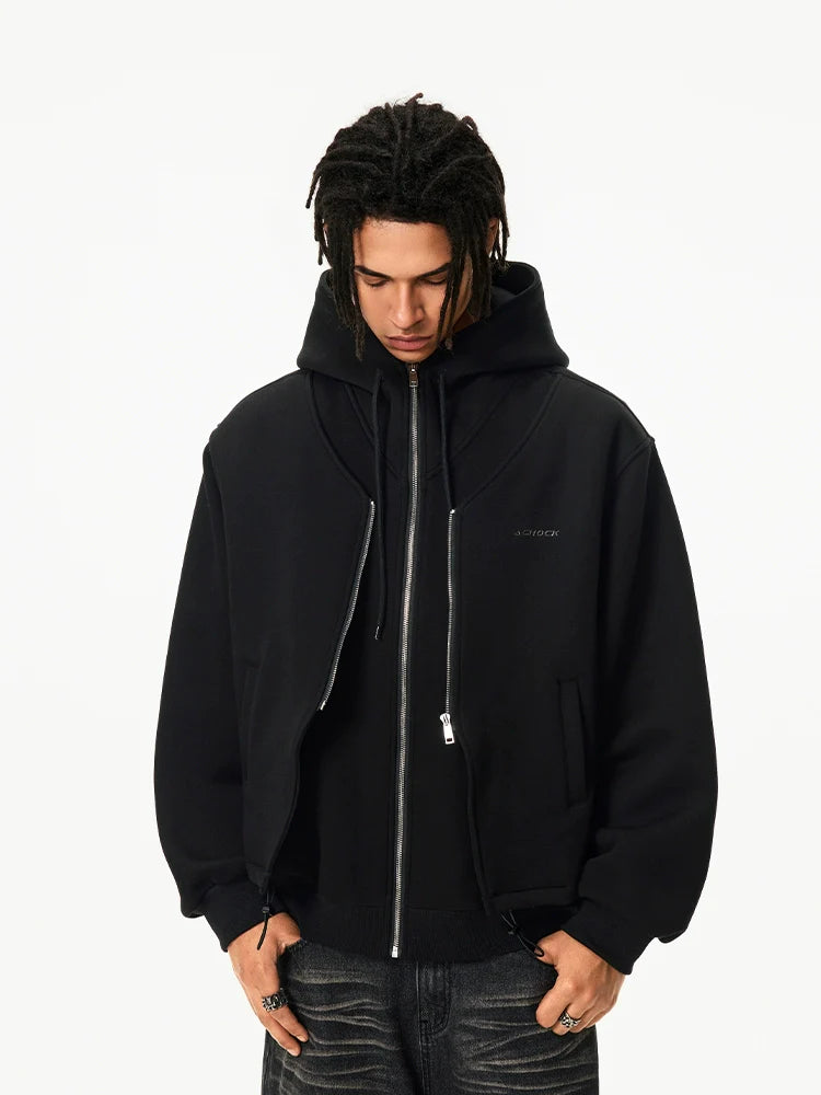 Achock Layered Double Zip Hooded Sweatshirt Jacket