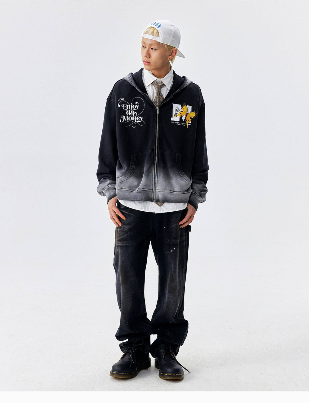 MEDM Washed Angel Butterfly Print Zip Up Hoodie