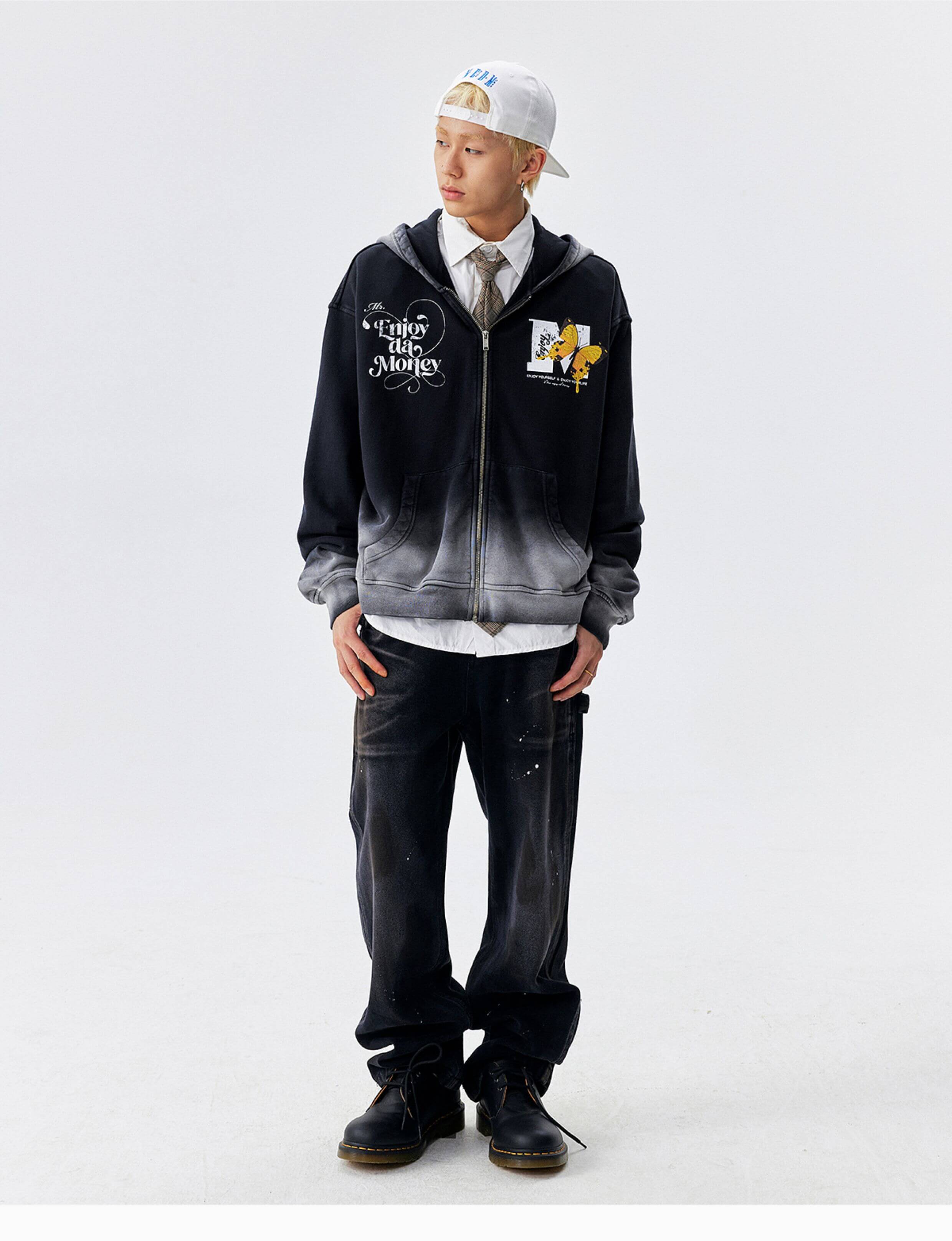 MEDM Washed Angel Butterfly Print Zip Up Hoodie