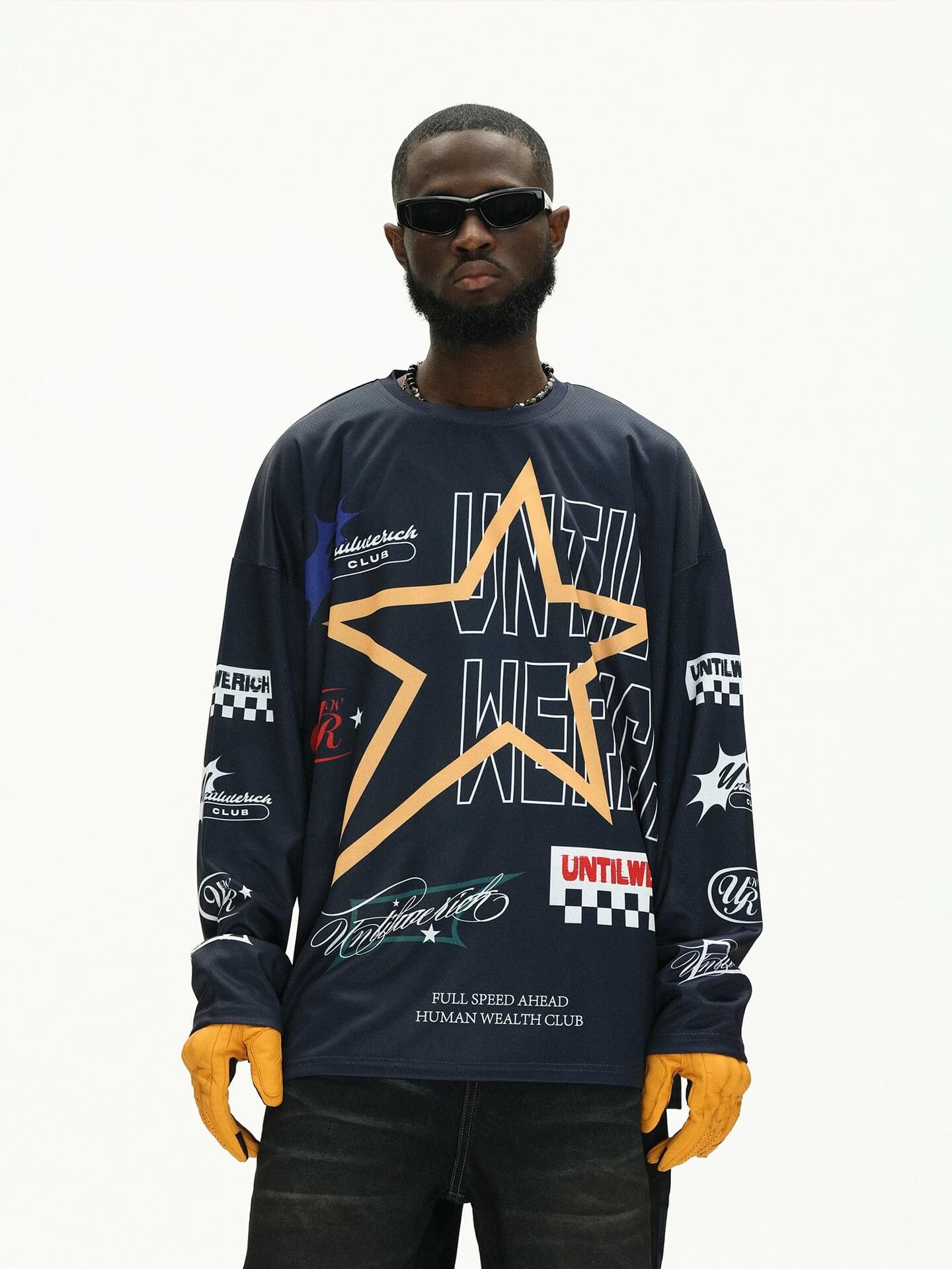 UNTILWERICH Star Print Long Sleeve Mesh Hockey Jersey
