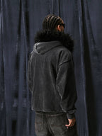1807 Faux Fur Hood Trim Washed Zip Up Hoodie