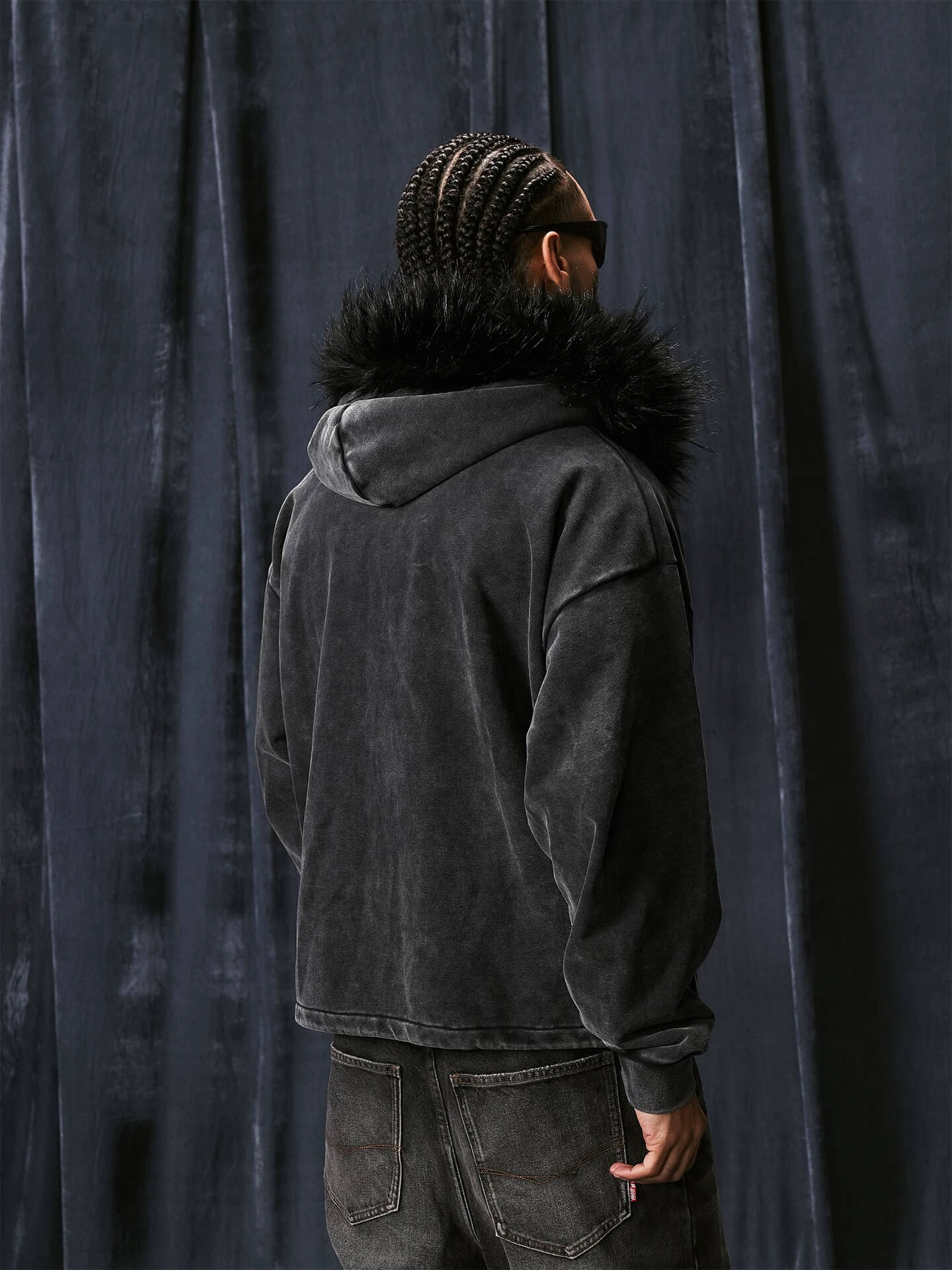 1807 Faux Fur Hood Trim Washed Zip Up Hoodie