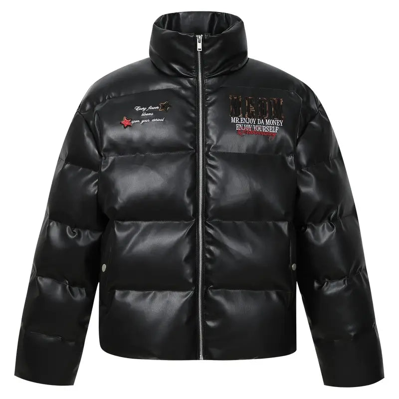 MEDM Leopard Patch PU Leather Puffer Jacket