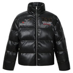 MEDM Leopard Patch PU Leather Puffer Jacket