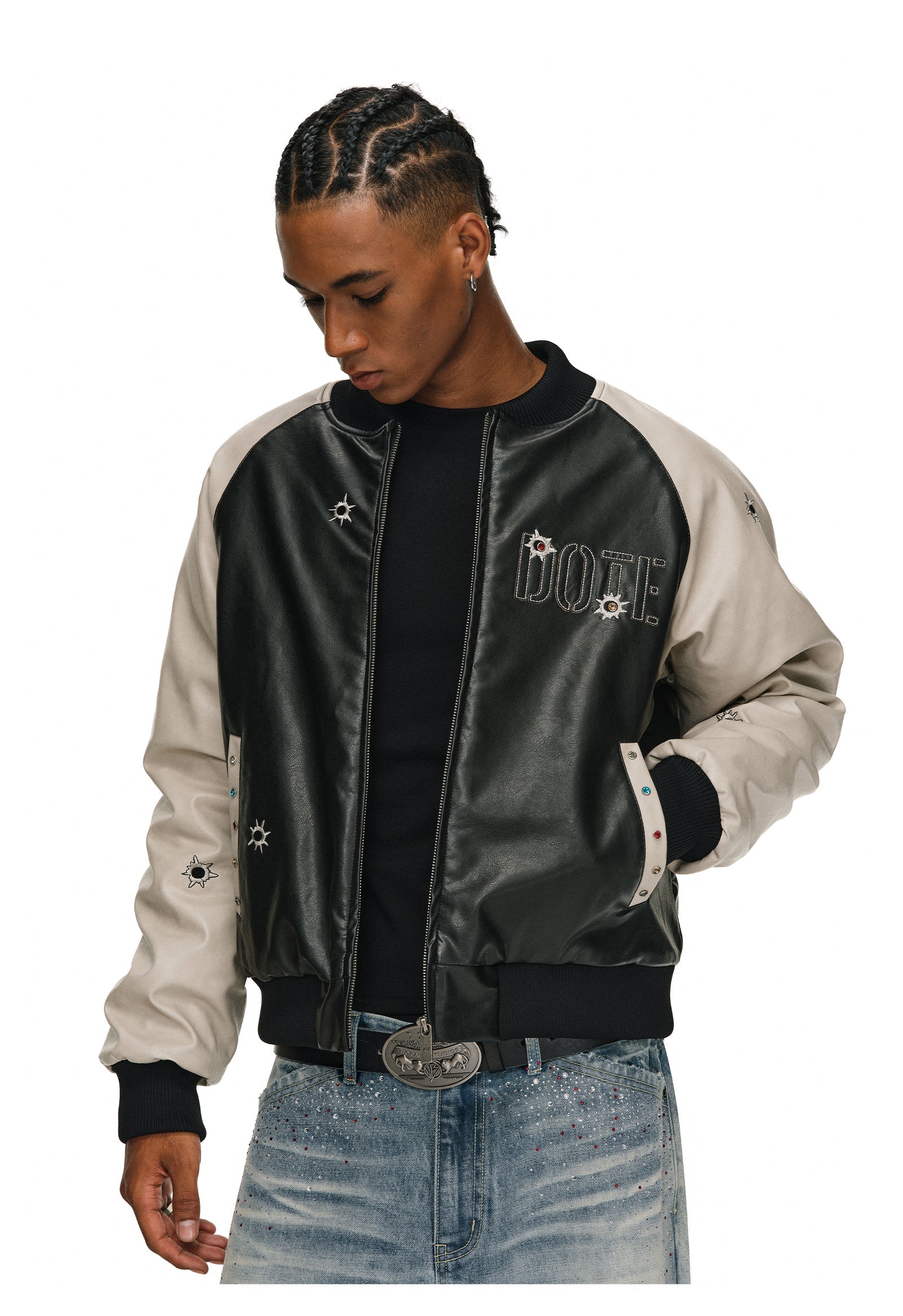 ANTIDOTE Bullseye Color Diamond Studded Leather Baseball Jacket