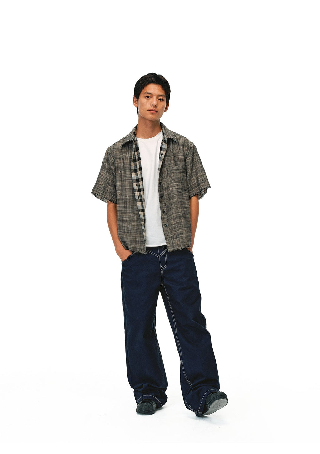 EVILKNIGHT(EK) Striped Plaid Reversible Short Sleeve Shirt