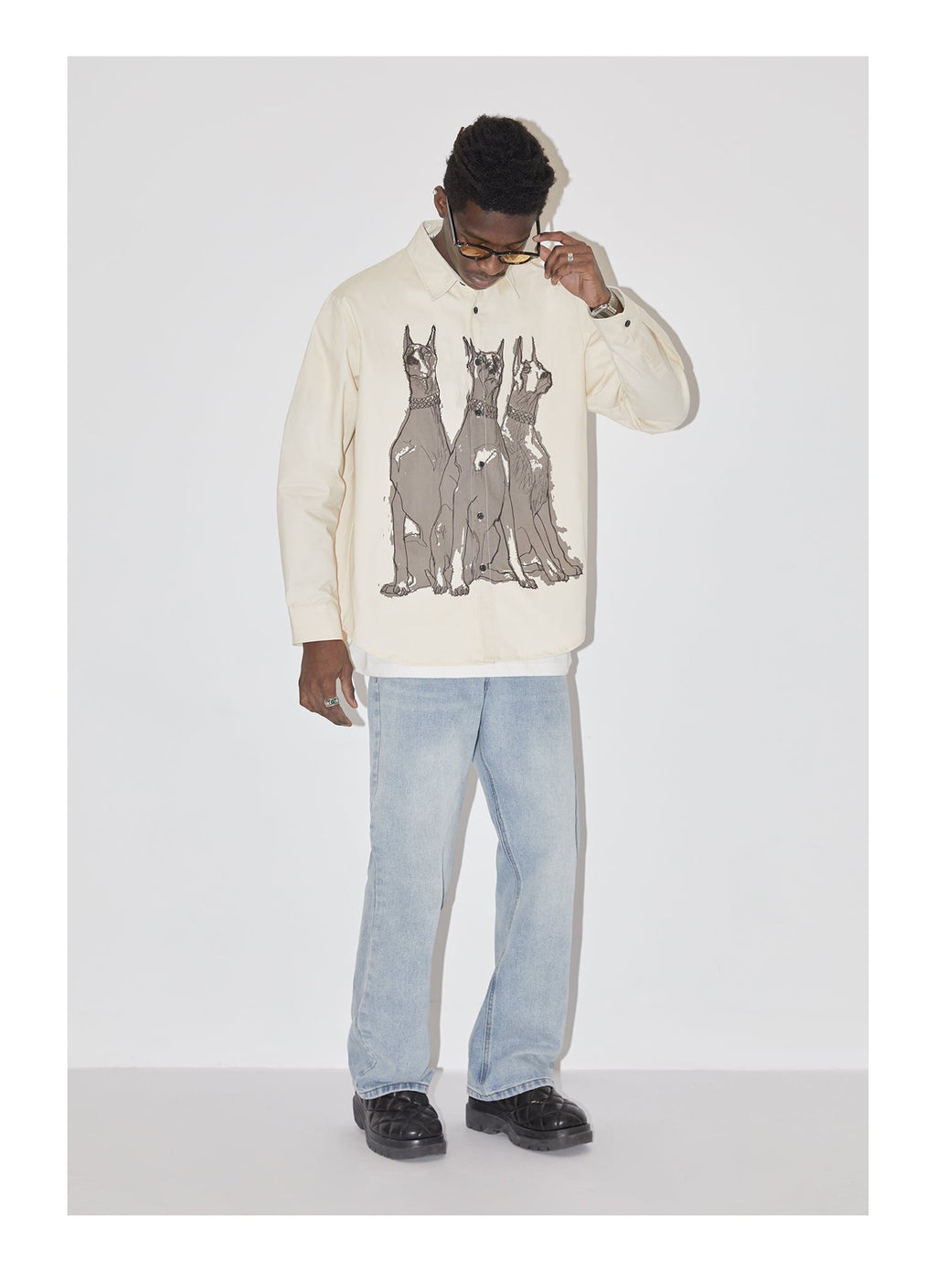 EMPTY REFERENCE Line Drawing Doberman Print Long Sleeved Shirt