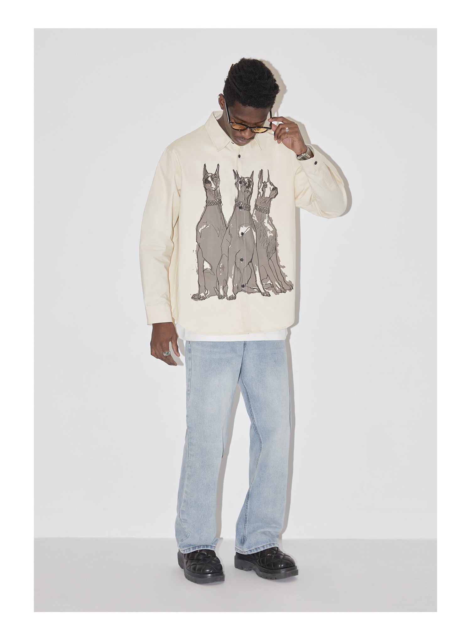 EMPTY REFERENCE Line Drawing Doberman Print Long Sleeved Shirt