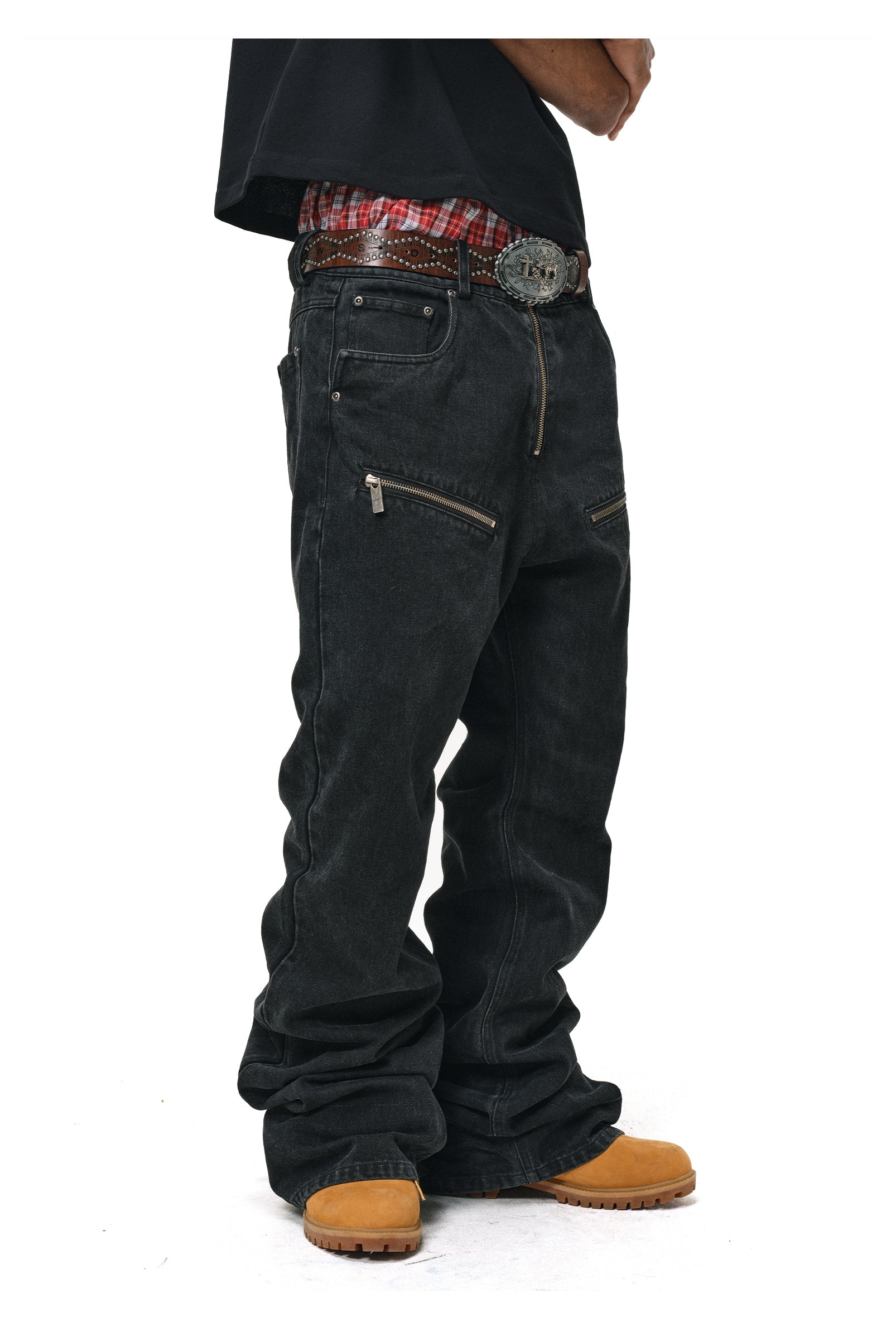 ANTIDOTE Studded Punk Zipper Flared Jeans