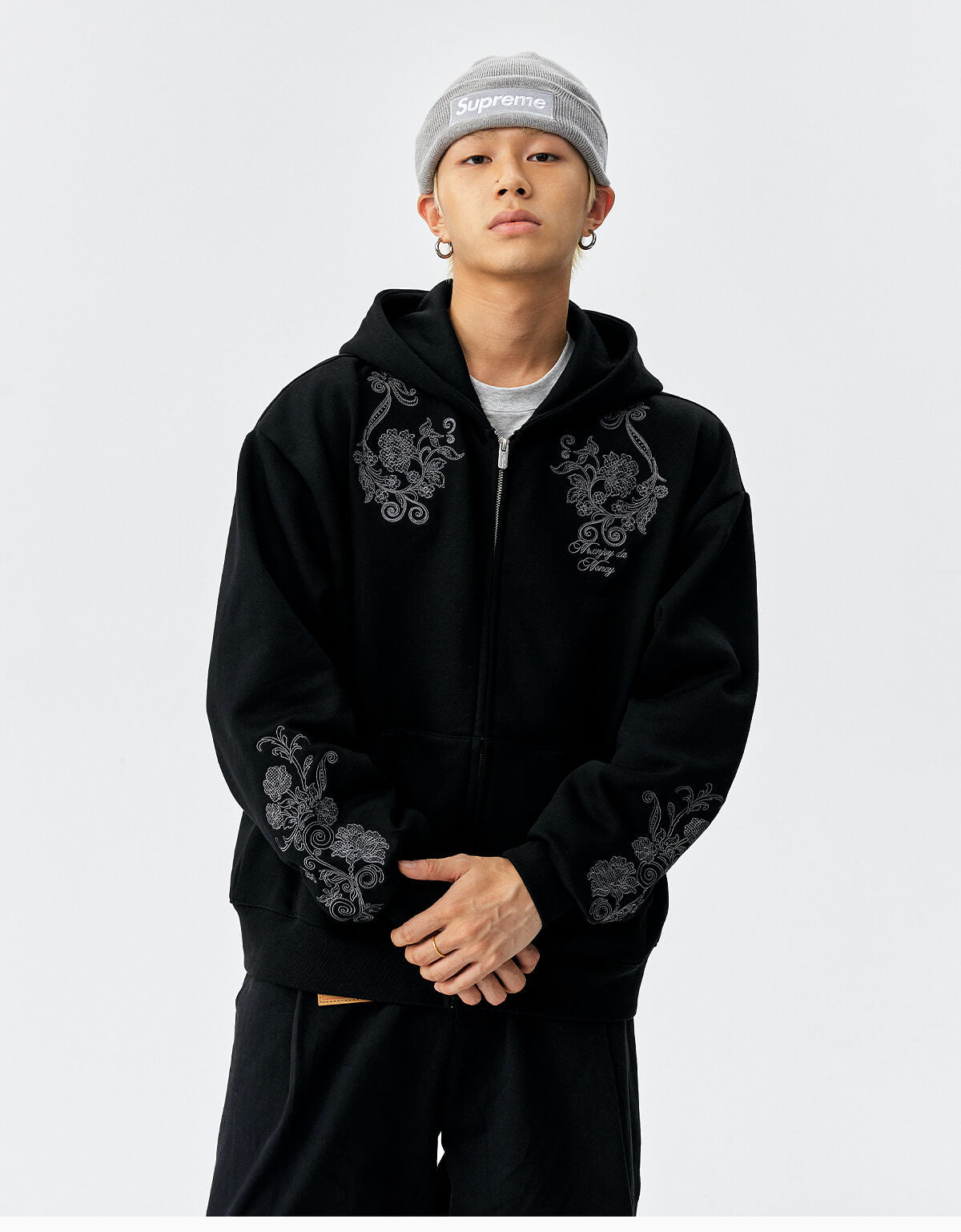 MEDM Patterned Flower Embroidered Zip Up Hoodie