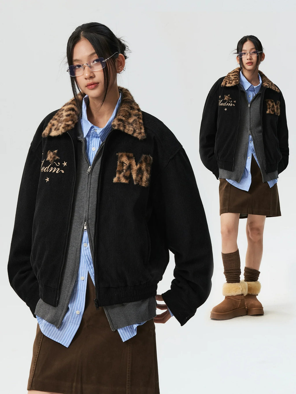 MEDM Leopard Fur Collar Corduroy Jacket