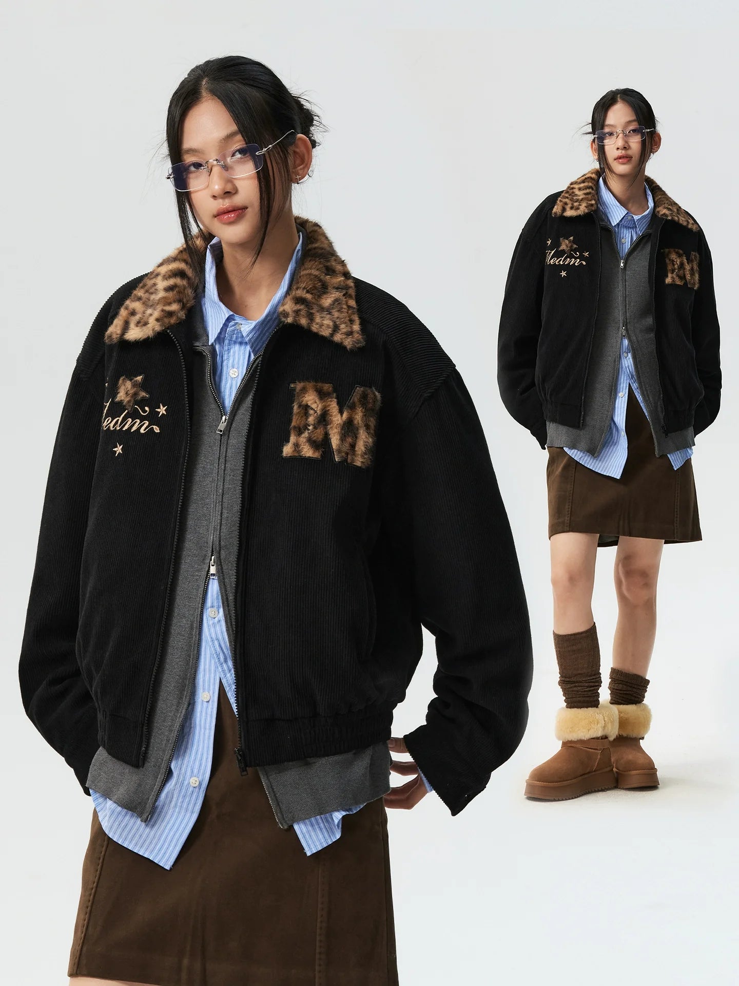 MEDM Leopard Fur Collar Corduroy Jacket