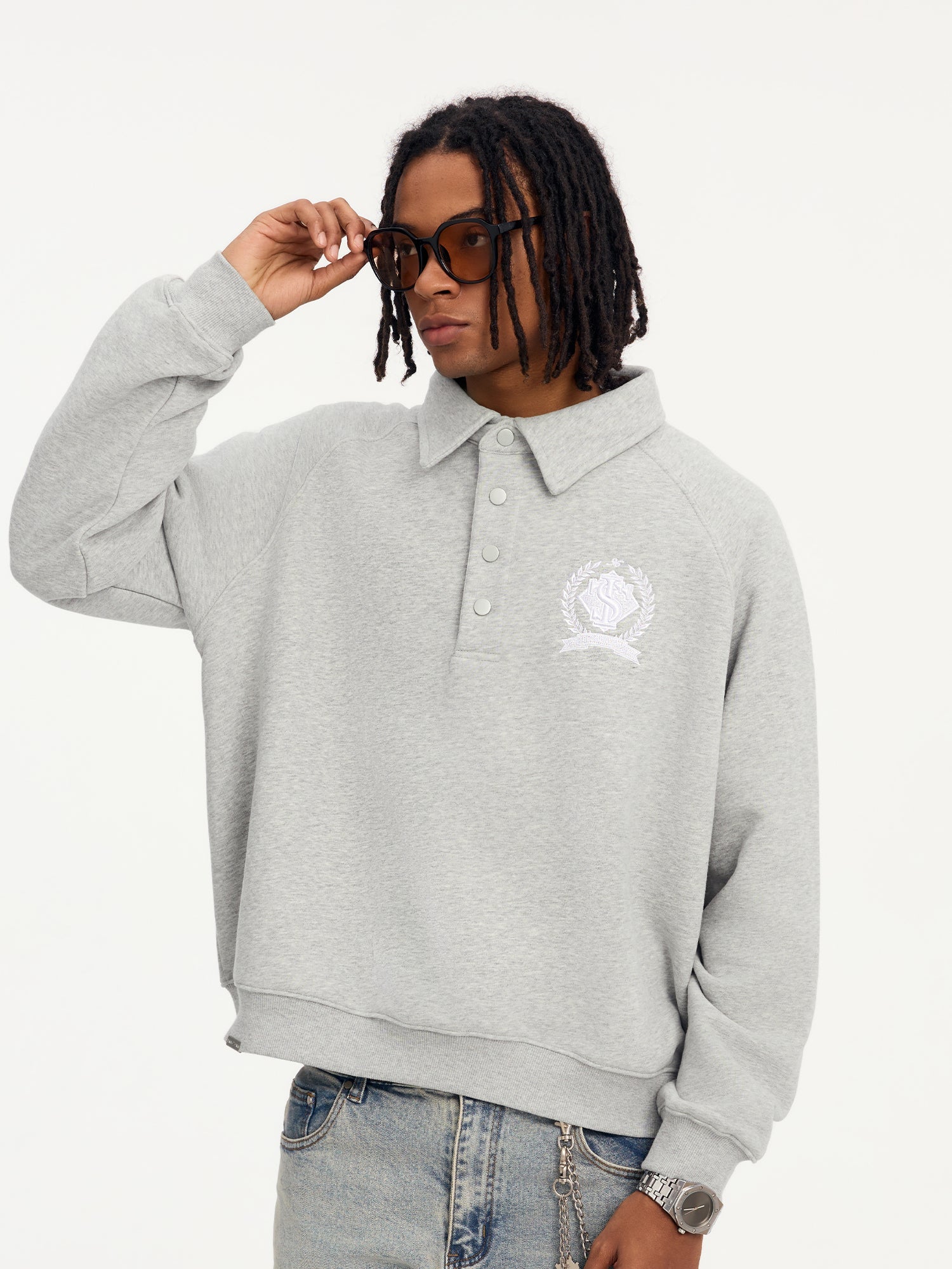 Small Town Kid Badge Embroidered Polo Sweatshirt