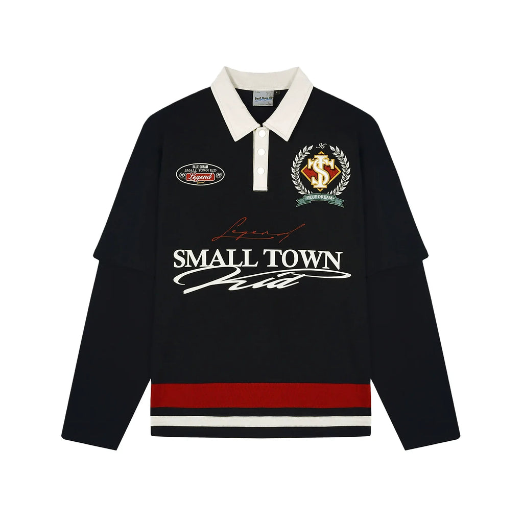 Small Town Kid 3D Embroidered Badge Fake Two-Piece Long-Sleeve Polo