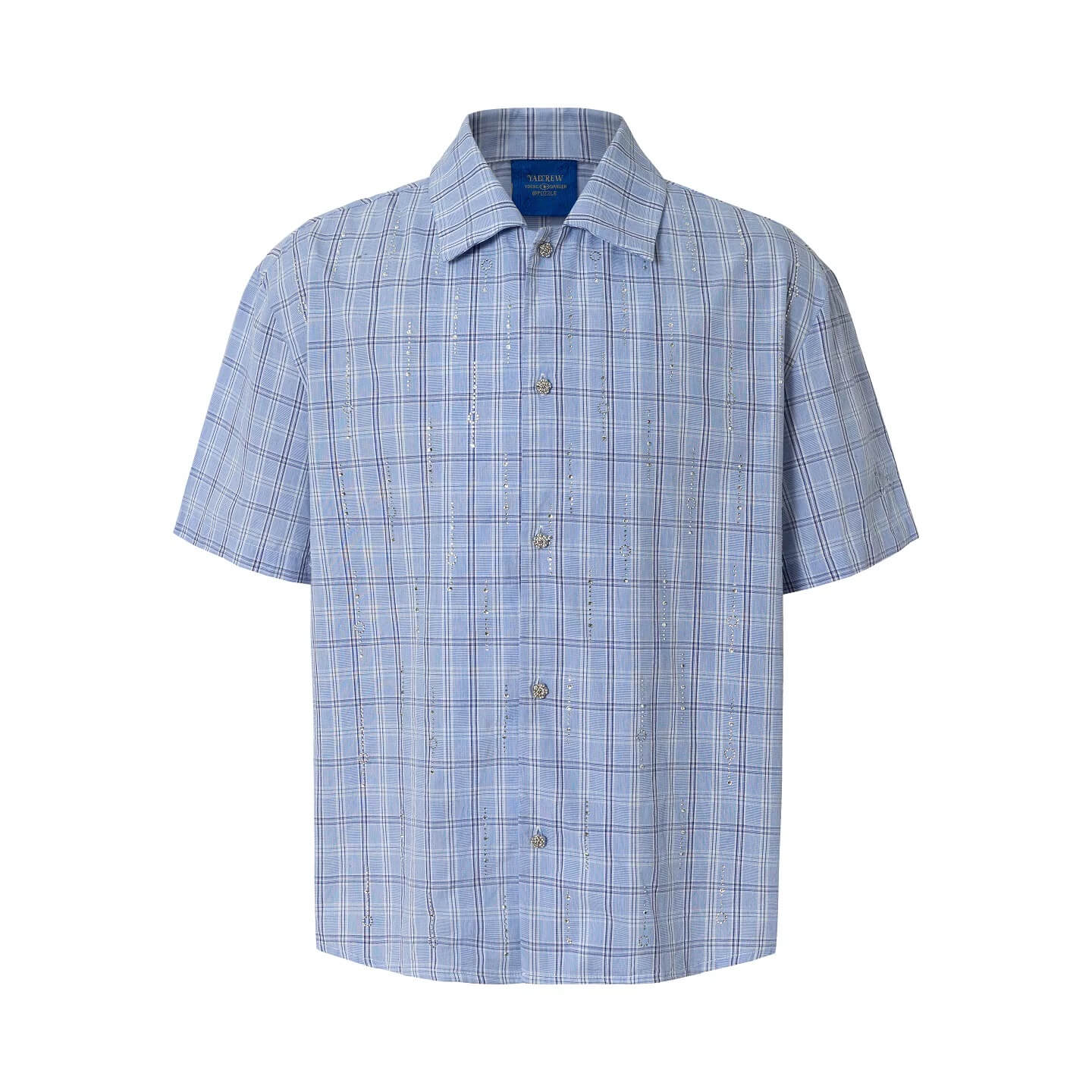YADcrew All Over Rhinestone Plaid Short Sleeve Shirt