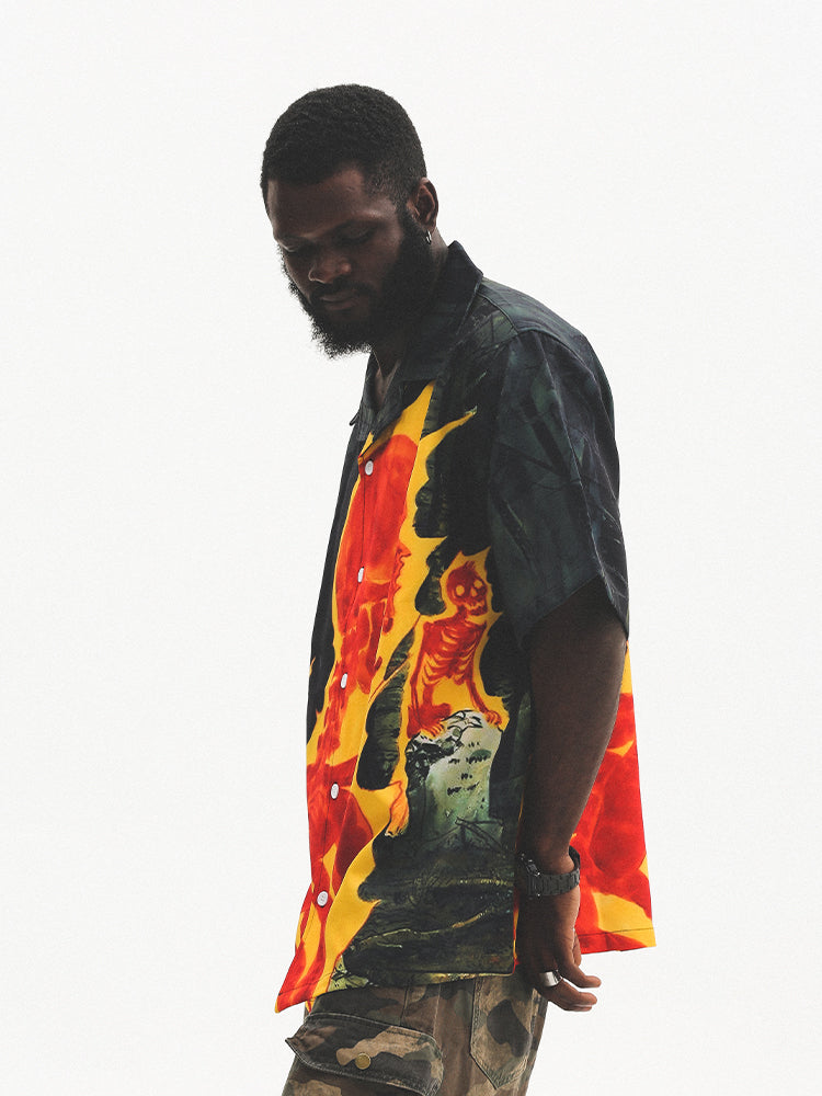 UNTILWERICH Cuban Collar Flaming Skull Short Sleeve Shirt