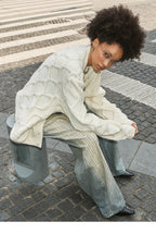 STEEPC Wool Blend Diamond Cable Knit Pearl Cardigan