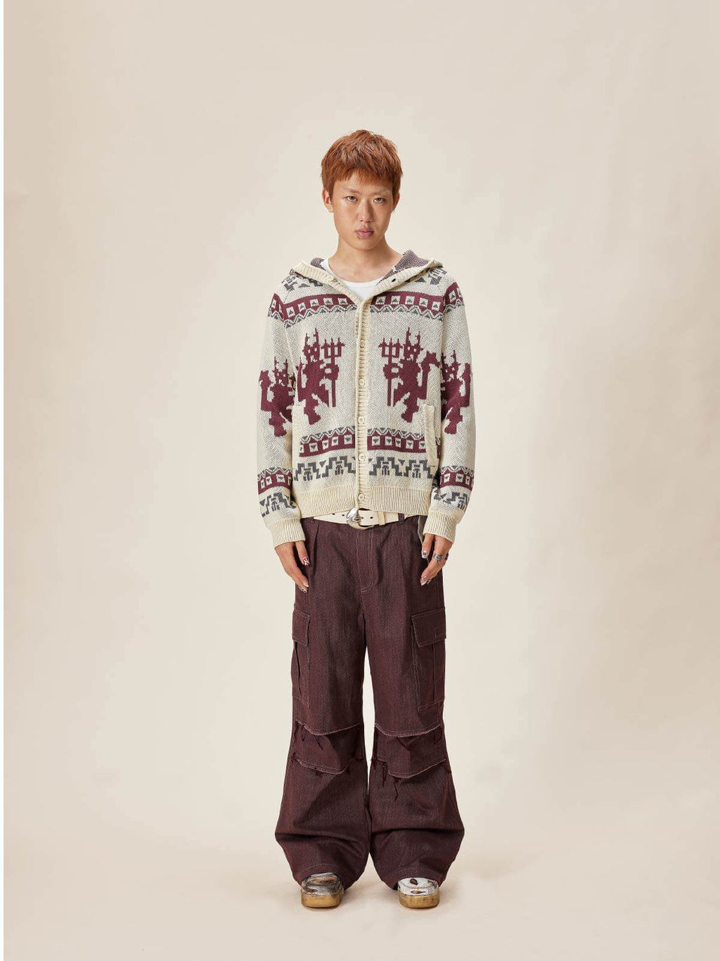 EVILKNIGHT(EK) Ethnic Pattern Knit Hooded Cardigan