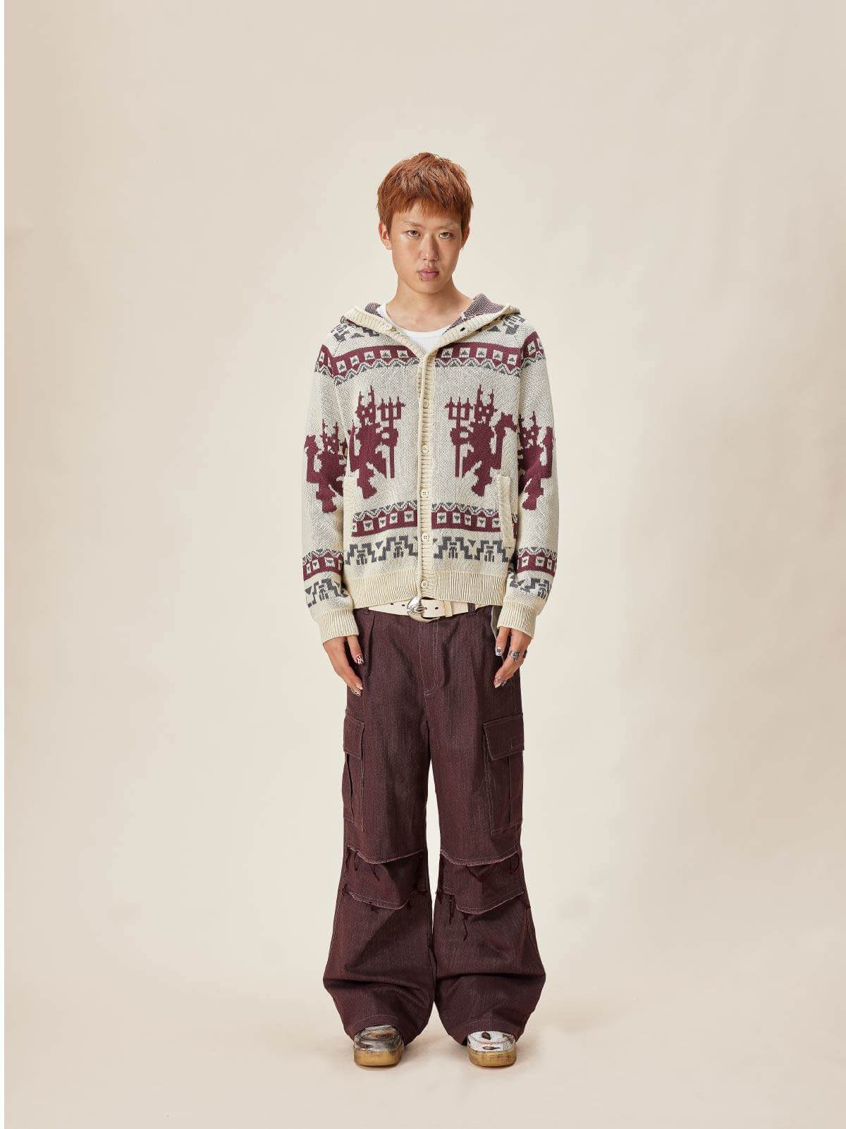 EVILKNIGHT(EK) Ethnic Pattern Knit Hooded Cardigan