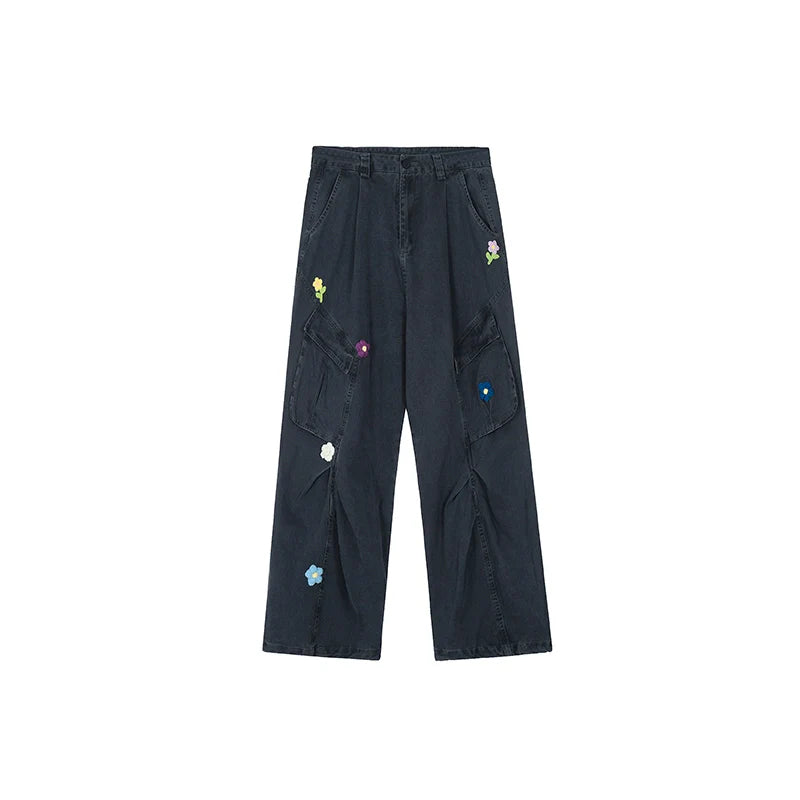 Achock Washed Multi Pocket Flower Embroidery Work Cargo Pants