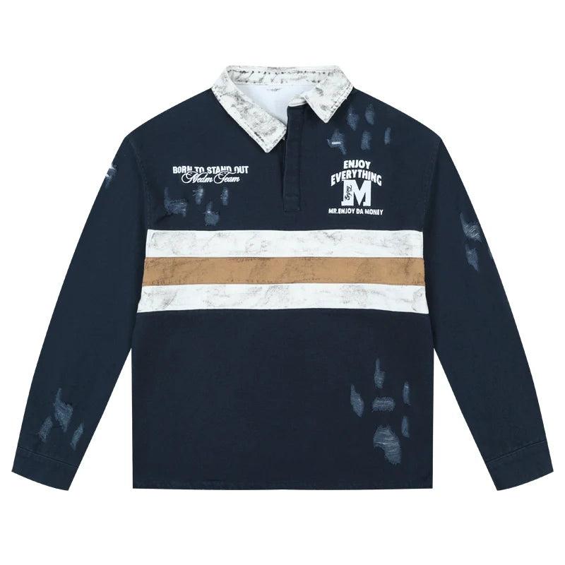 MEDM Asymmetric Collar Stripes Long Sleeve Polo