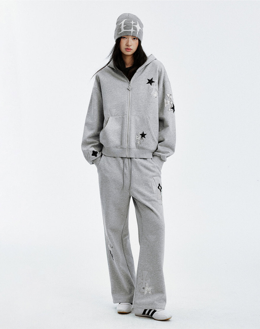 MEDM Cross Star Leather Patchwork Zip Up Hoodie