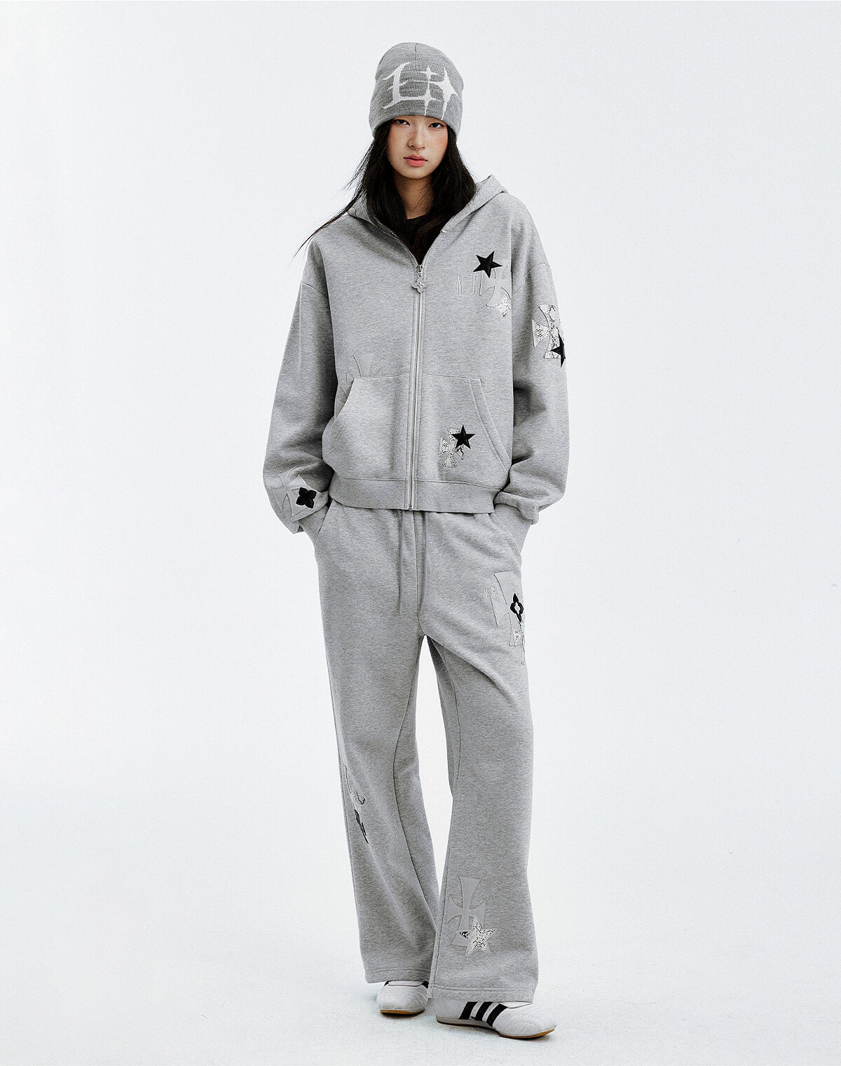 MEDM Cross Star Leather Patchwork Zip Up Hoodie