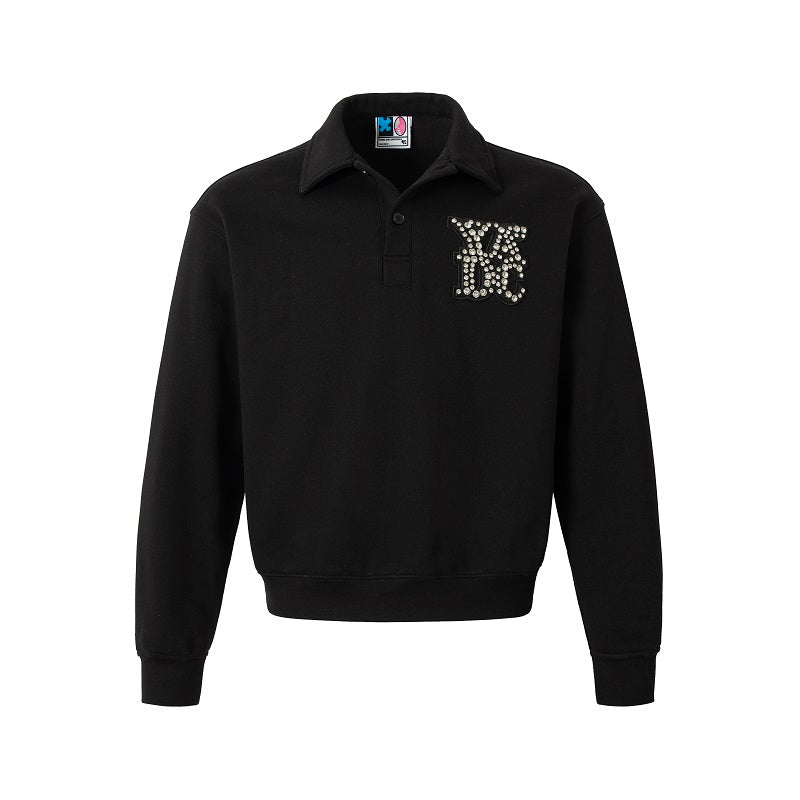 YADcrew Diamond-Studded Leather Logo Polo Sweatshirt