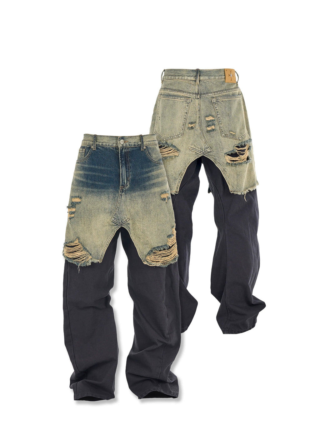 STEEPC Layered Design Washed Distressed Baggy Jeans