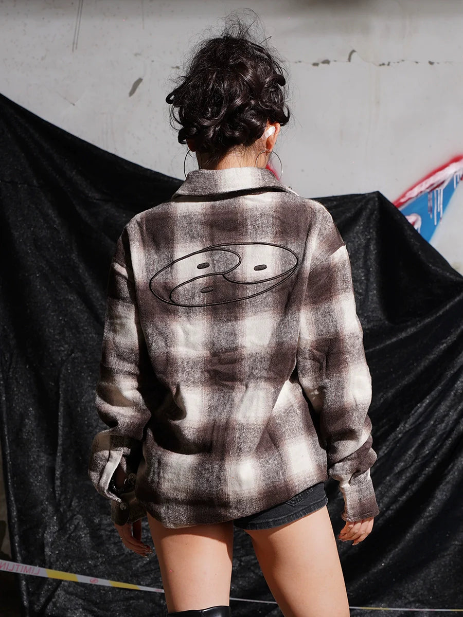 TGFCLUB Plaid Embroidered Rhinestone Long Sleeve Shirt
