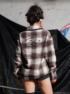 TGFCLUB Plaid Embroidered Rhinestone Long Sleeve Shirt