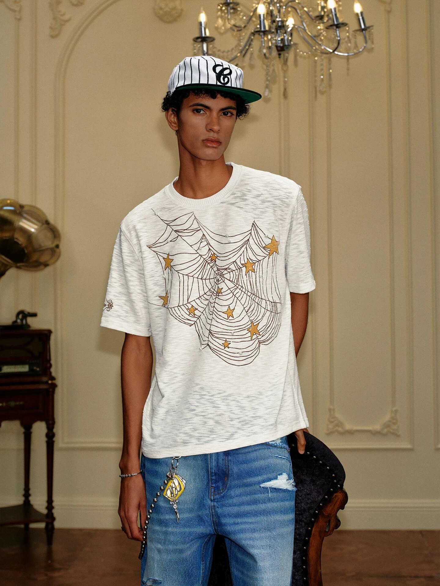 YADcrew Pearl Studded Star Spider Web Print Tee