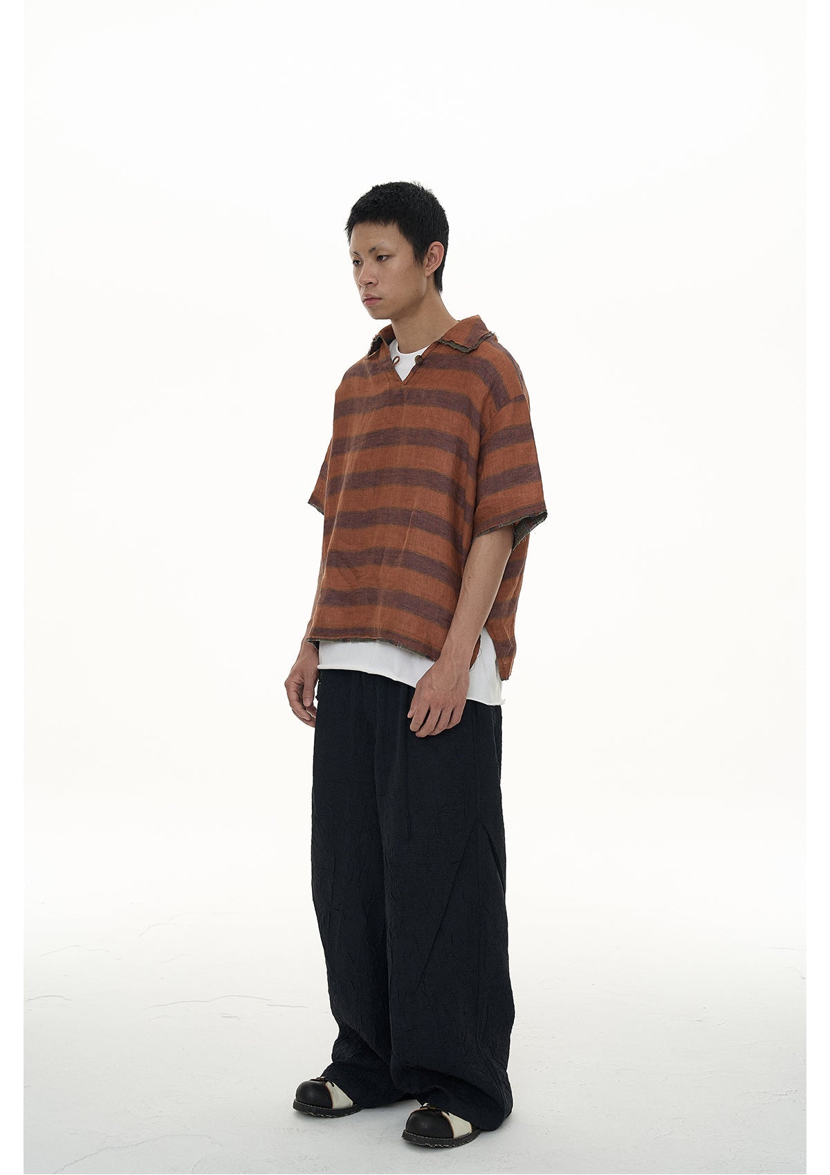 EVILKNIGHT(EK) Striped Plaid Tie-Dye Linen Polo Shirt
