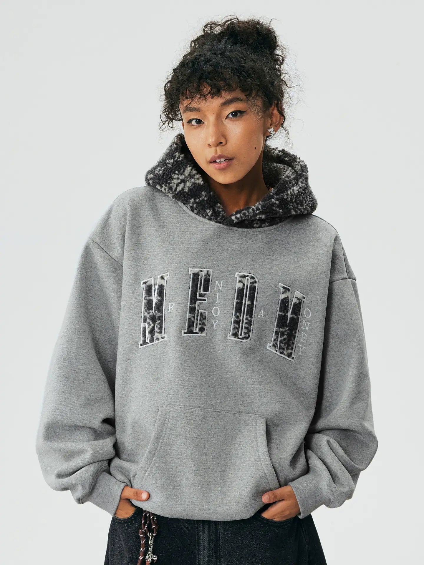 MEDM Patterned Sherpa Hood Patchwork Hoodie