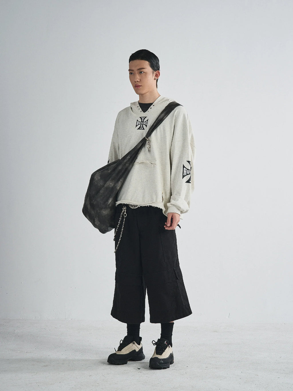 RUSURE V Neck Cross Logo Destruction Hoodie