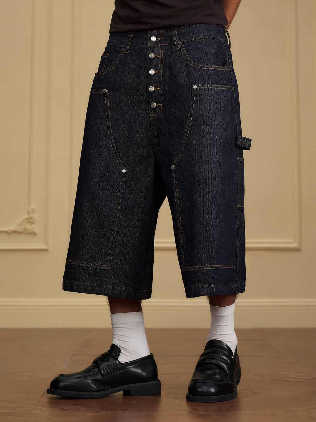 YADcrew Double Knee Denim Baggy Below Knee Shorts