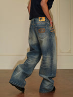 YADcrew Braid Embroidered Washed Loose Fit Jeans