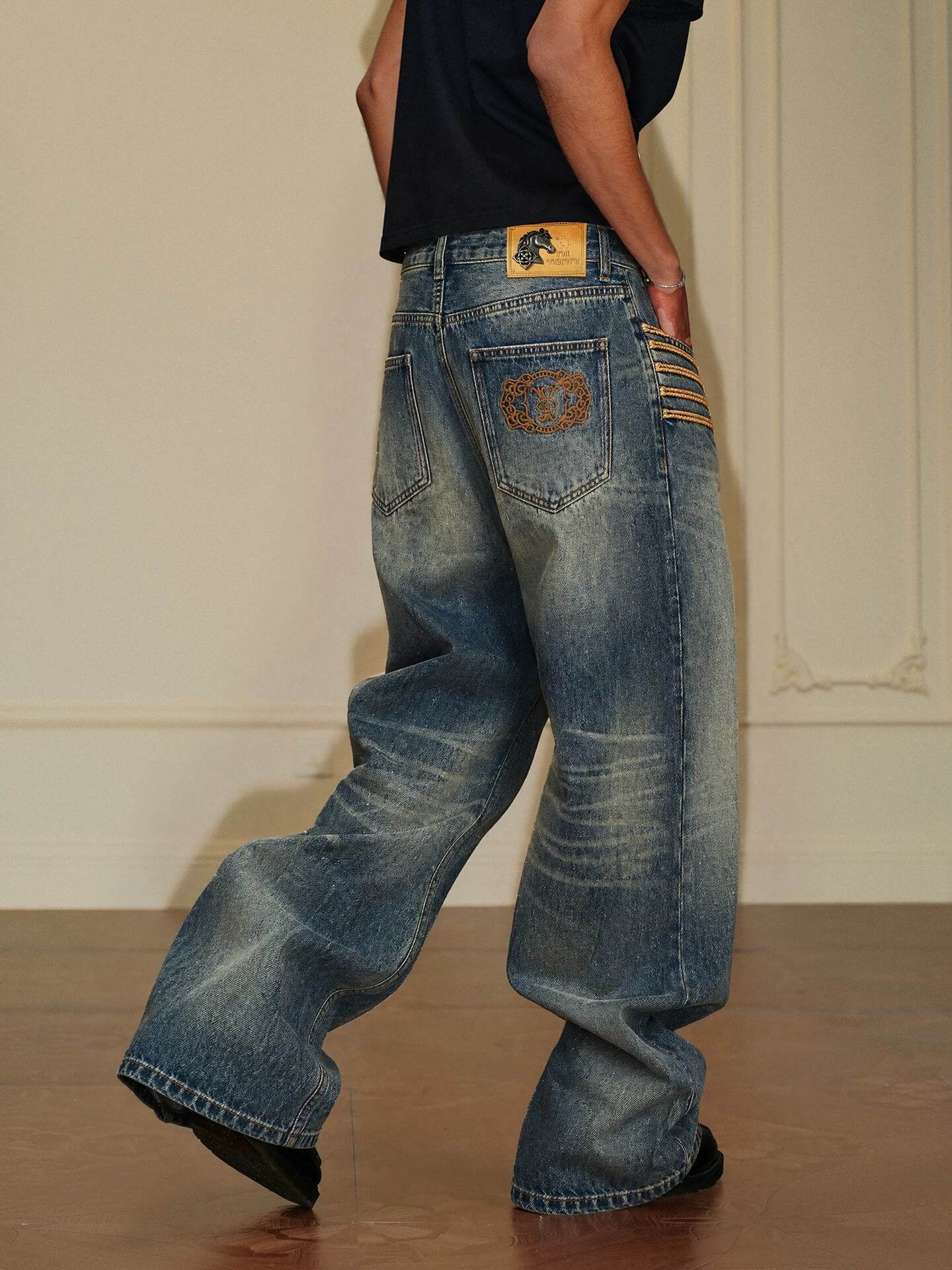 YADcrew Braid Embroidered Washed Loose Fit Jeans