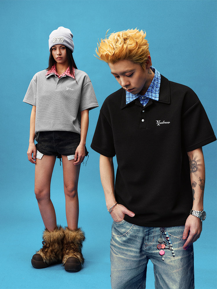 YADcrew Double Collar Layered Twisted Plaid Polo