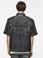 BLIND NO PLAN Patchwork Leather Biker Short Sleeve Shirt