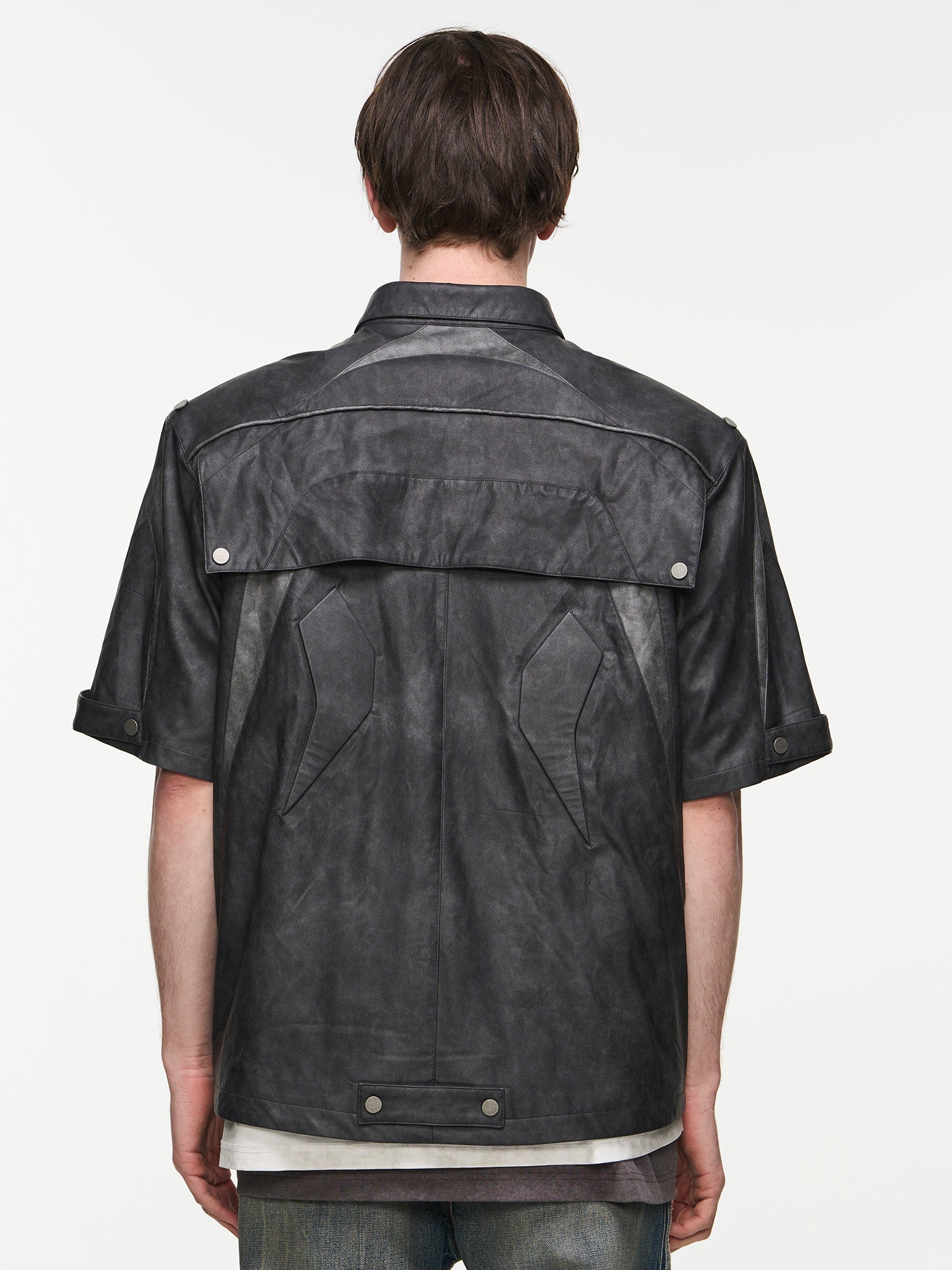 BLIND NO PLAN Patchwork Leather Biker Short Sleeve Shirt